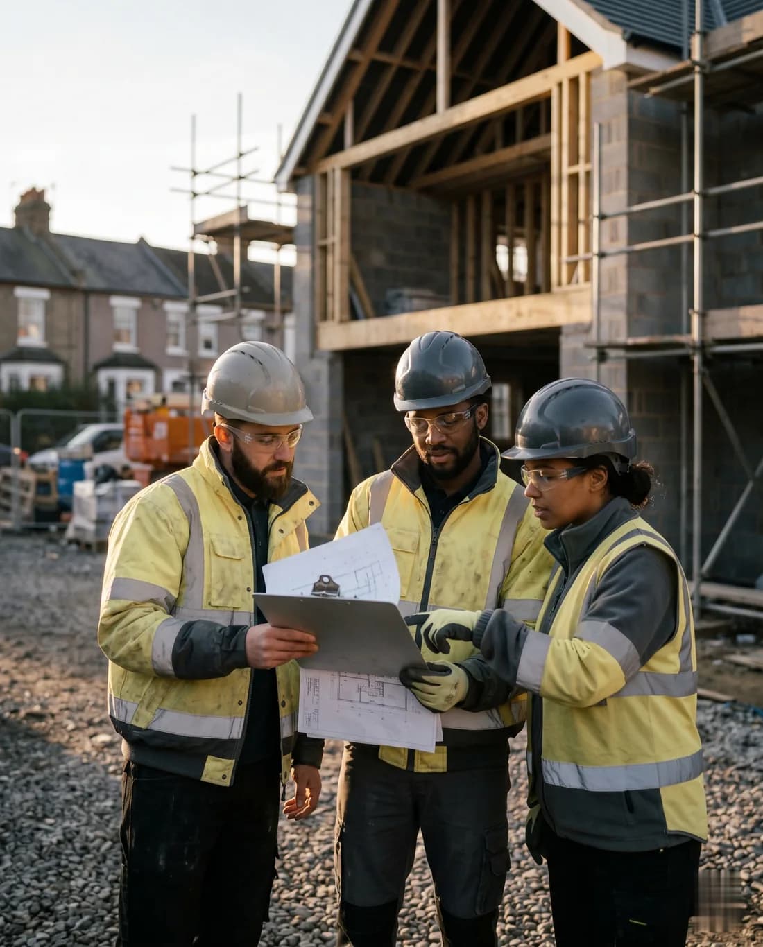 The CH Developments team reviewing building plans on a West Midlands construction site