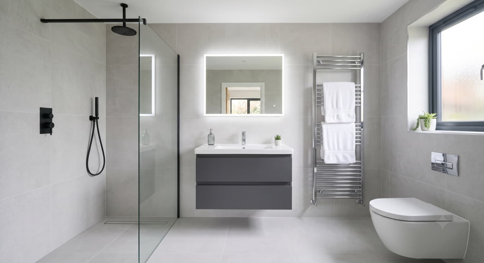 Bathroom Fitters in Redditch: a modern fitted bathroom with a glass walk-in shower, a black rainfall head, grey large-format tiling, a wall-hung vanity unit and a chrome heated towel rail