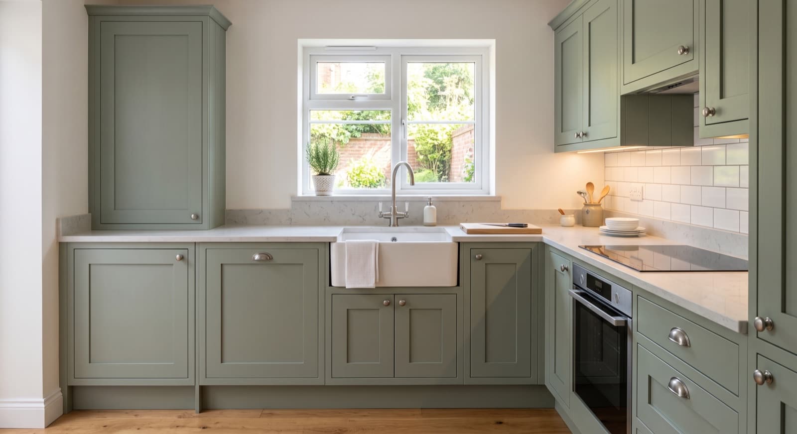 Kitchen Fitters in Redditch: a fitted sage-green shaker kitchen with a quartz worktop, a Belfast sink, an integrated oven and induction hob and a metro-tile splashback