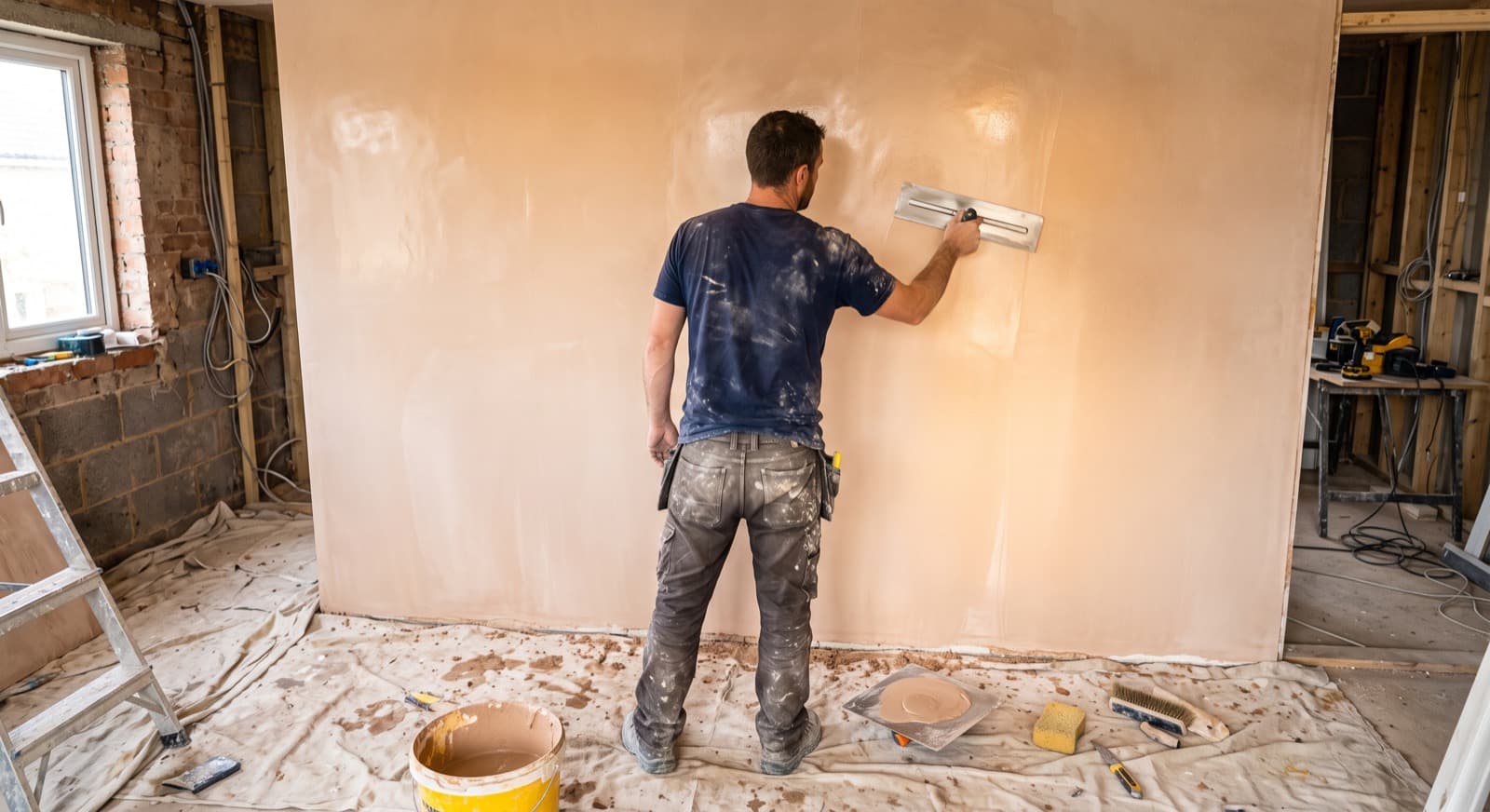 Freshly skimmed smooth plaster wall in a Birmingham room