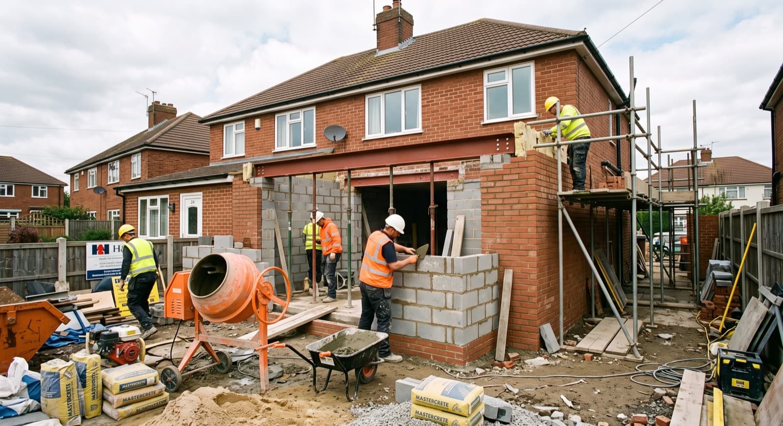 Builders in Coventry: a building team constructing a single-storey extension on a red-brick semi, with new blockwork, brickwork and scaffolding