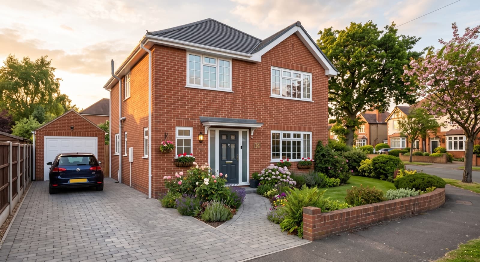 Builders in Solihull: a beautifully renovated red-brick family home with new windows, a smart front door and a block-paved driveway