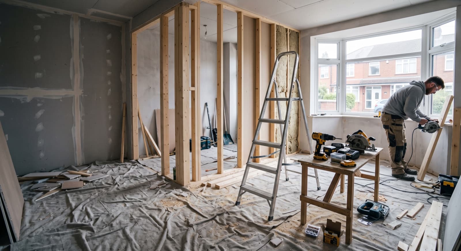 Builders in Redditch: a home interior mid-refurbishment with new timber stud walls, plasterboard and a tradesperson at work