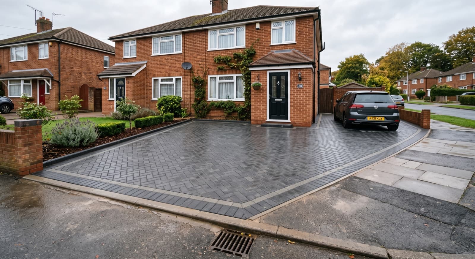 Driveways in Redditch: a newly laid grey block-paving driveway with a soldier-course border in front of a red-brick semi-detached home