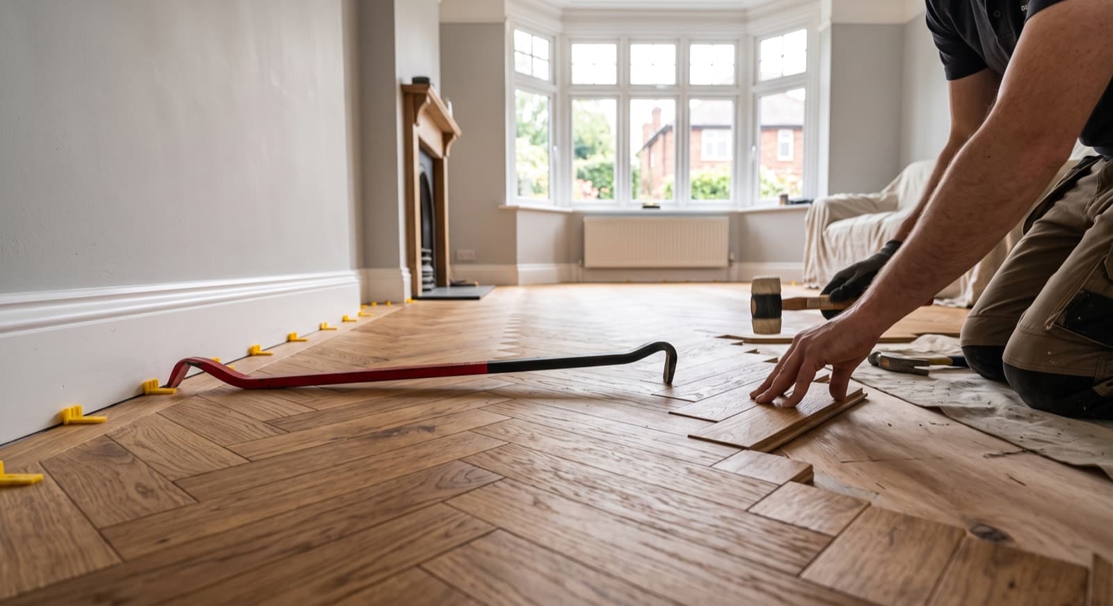 Flooring in Redditch: engineered-oak herringbone flooring being laid in a period living room with a bay window