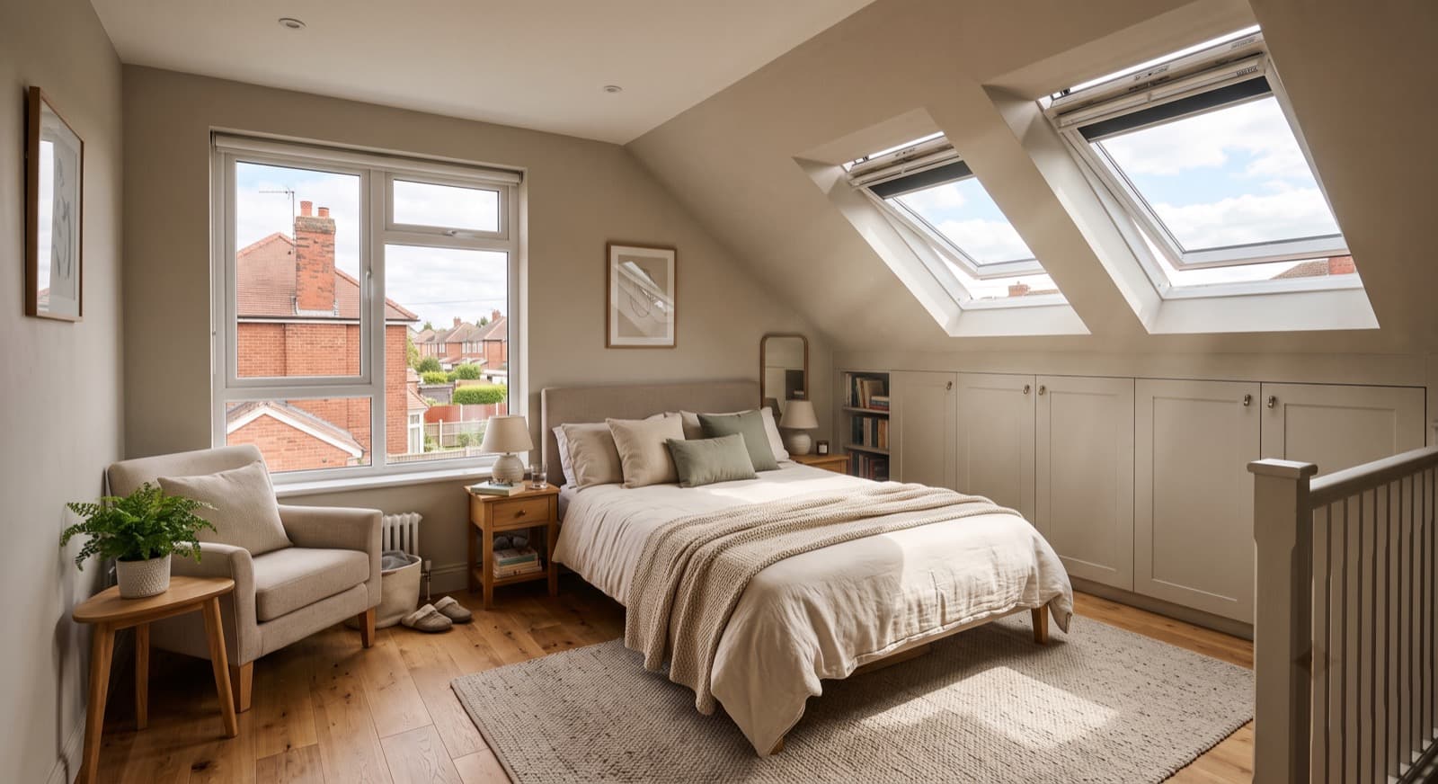 Finished dormer loft conversion bedroom with rooflights in Birmingham