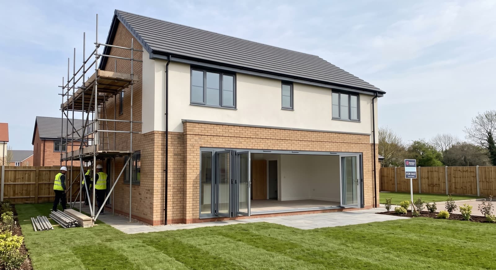 New build detached home under construction in Birmingham with bi-fold doors and scaffolding