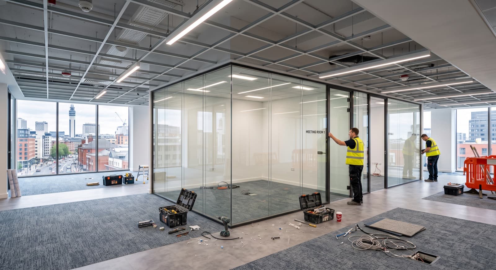 Office fit-out in progress in a Birmingham city-centre building with glass partitions