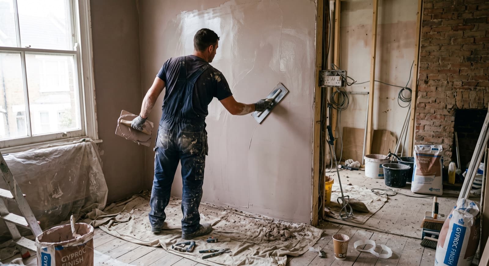 Plastering in Redditch: a plasterer skimming a wall to a smooth finish in a period home being renovated